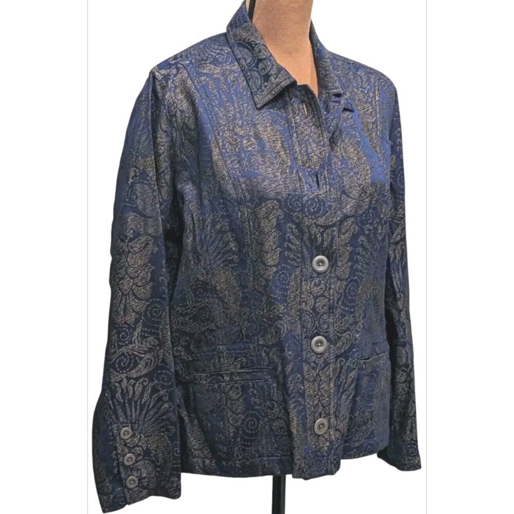 Y2K Chicos Size 2 Tapestry Brocade Blazer Large Jacket Navy Pewter Dark Academia